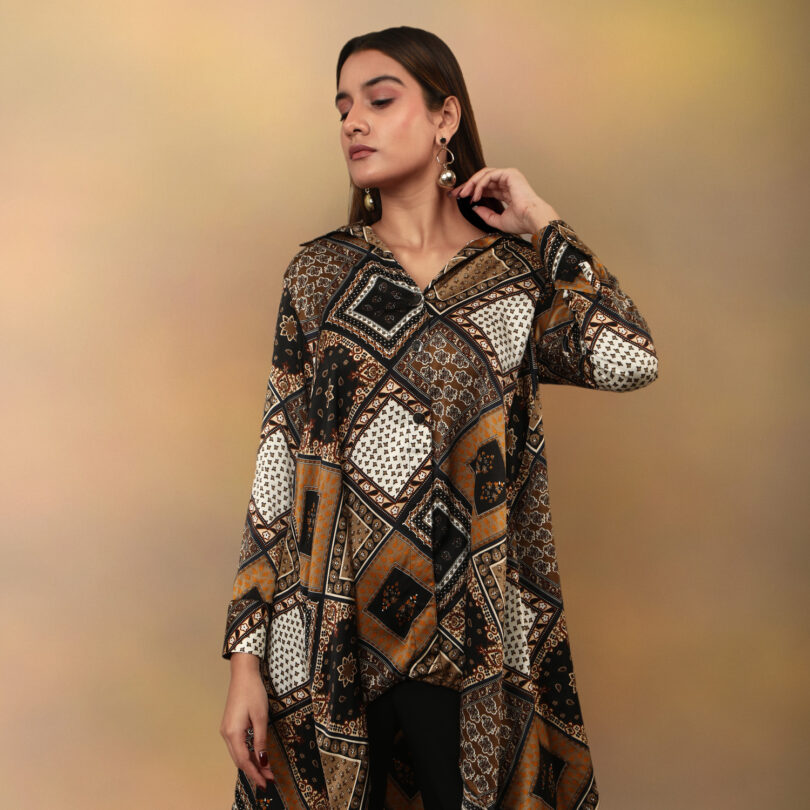 High low flared kurta brown scarf print