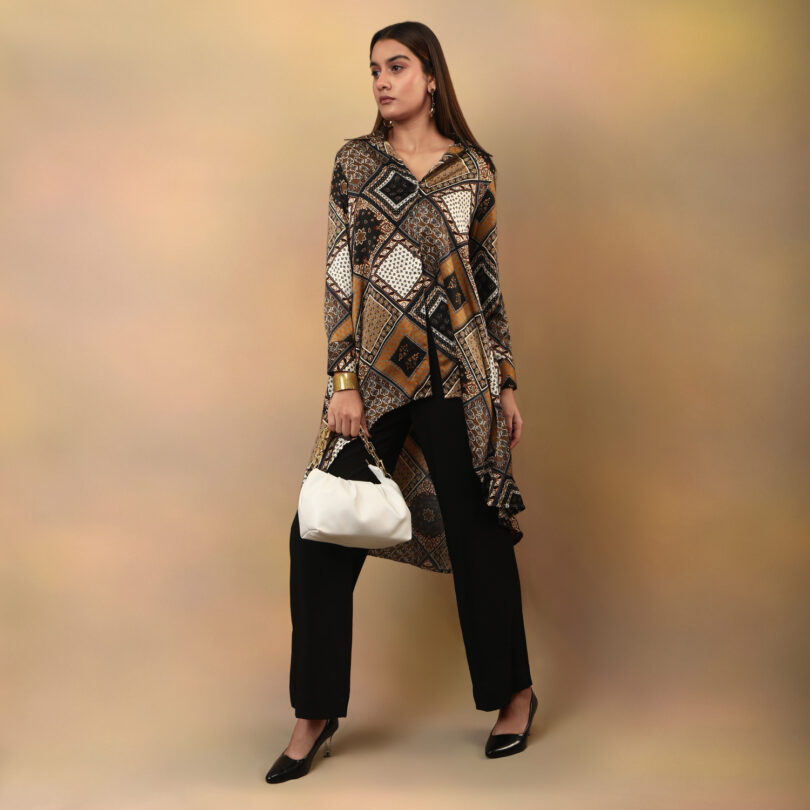 High low flared kurta brown scarf print