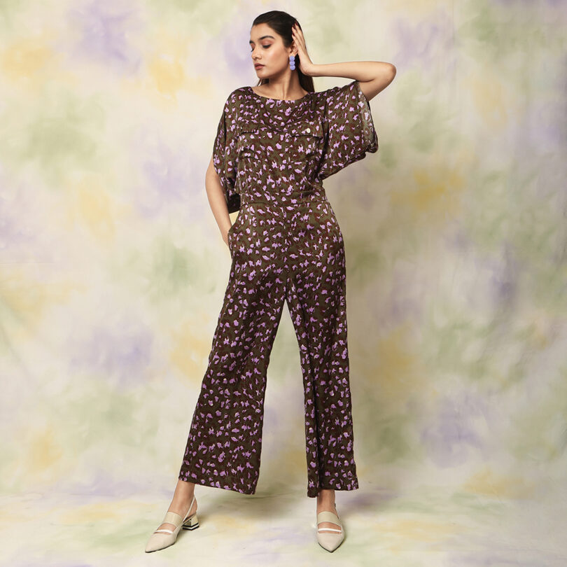 Animal print boat neck jumpsuit