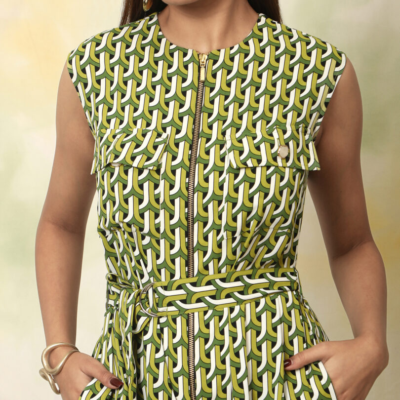 Printed Green zipper jumpsuit