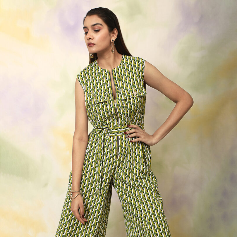 Printed Green zipper jumpsuit