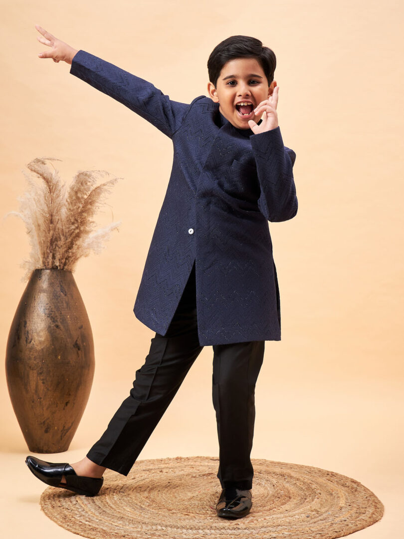 Boys' Navy Blue And Black Sherwani Set