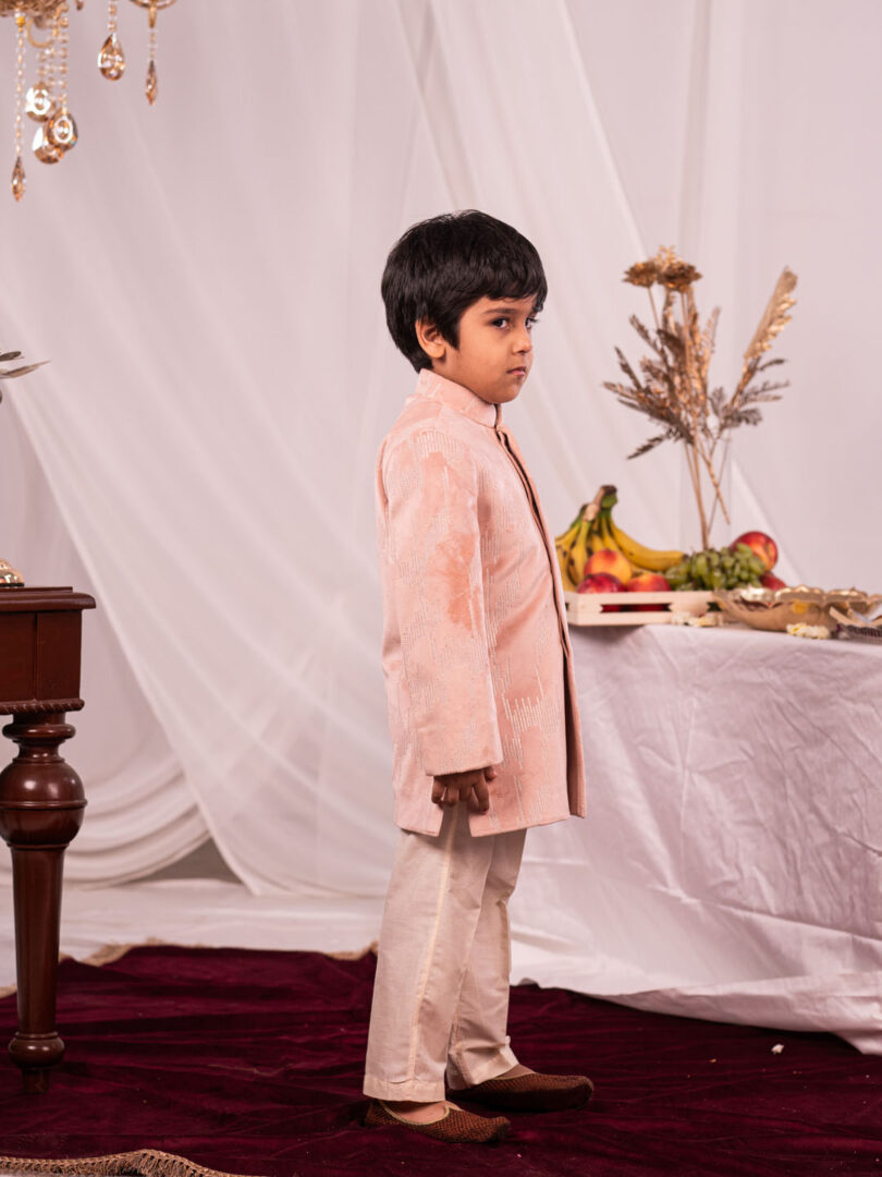 Boys' Peach And Cream Sherwani Set