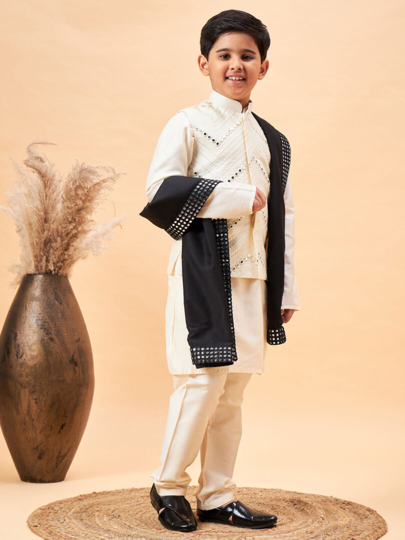 Boys' Cream And Black Kurta, Pyjama & Dupatta Set