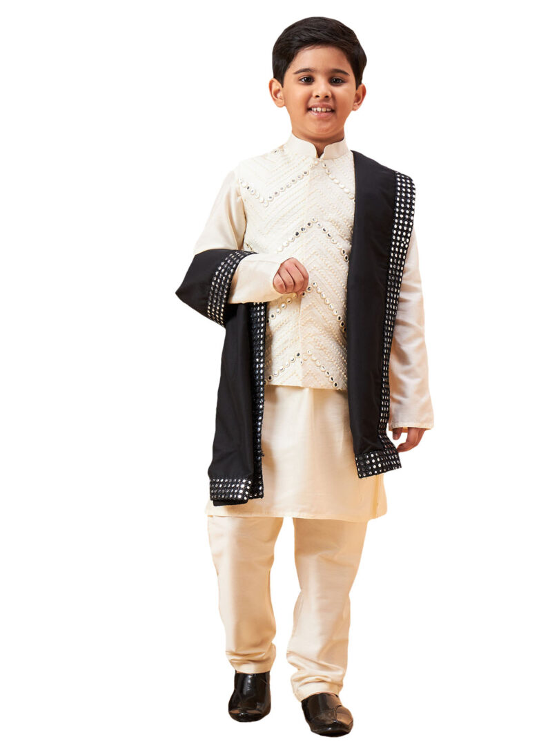 Boys' Cream And Black Kurta, Pyjama & Dupatta Set