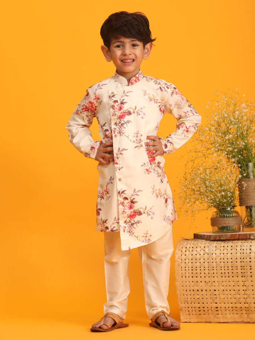 Boys' Multicolor Base Cream Kurta Pyjama Set