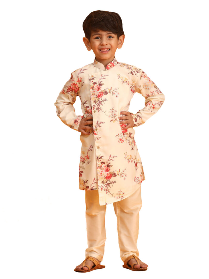 Boys' Multicolor Base Cream Kurta Pyjama Set