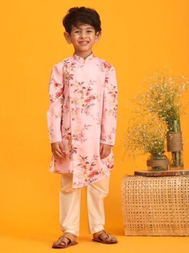 Boys' Multicolor Base Pink Kurta Pyjama Set