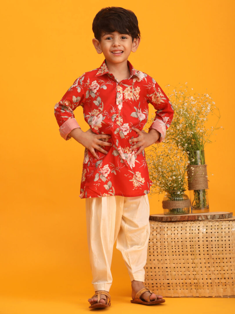 Boys' Multicolor Base Red Kurta Patiala Set