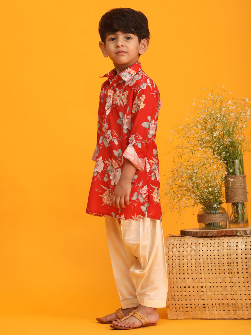 Boys' Multicolor Base Red Kurta Patiala Set & Girls' Red And Cream Kaftan And Pant Set