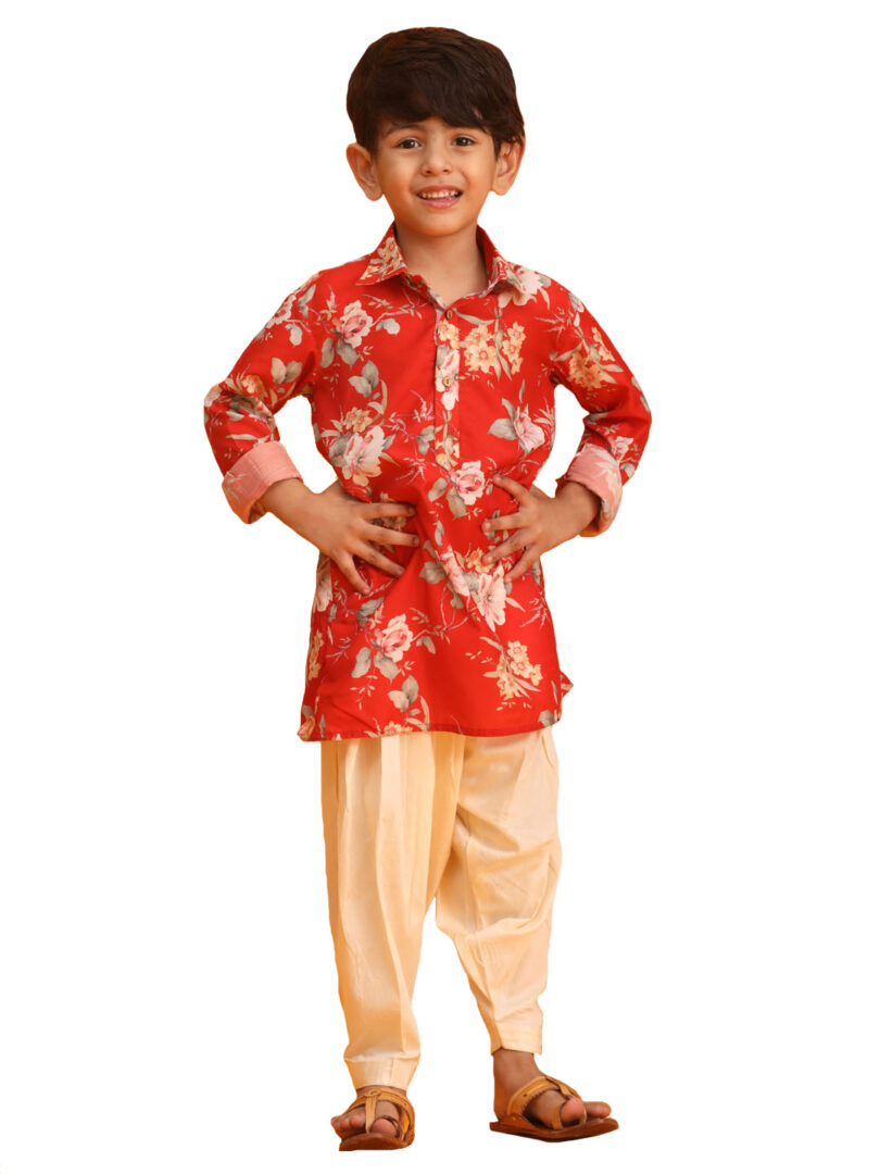 Boys' Multicolor Base Red Kurta Patiala Set