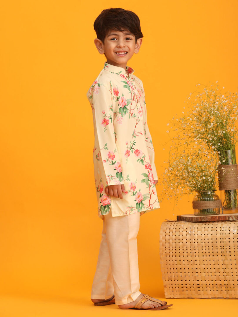 Boys' Multicolor Base Yellow Kurta Pyjama Set & Girls' Yellow Anarkali And Dupatta Set