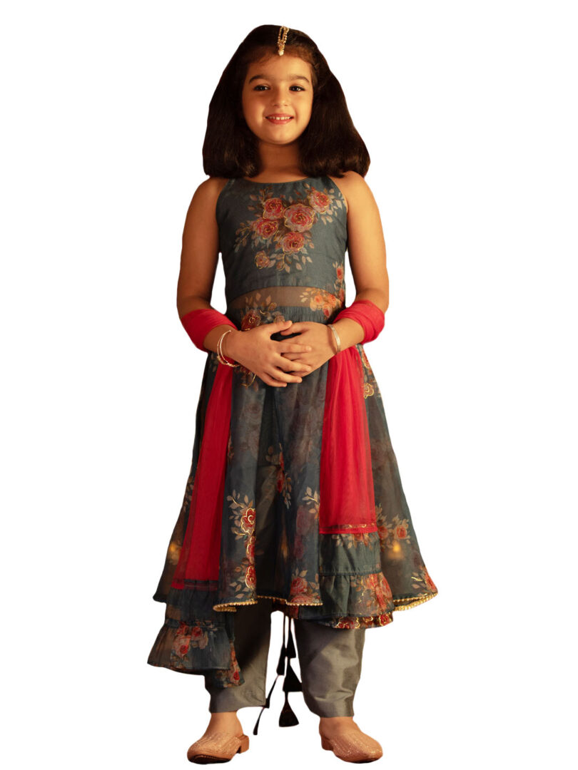 Girls' Grey Anarkali Set