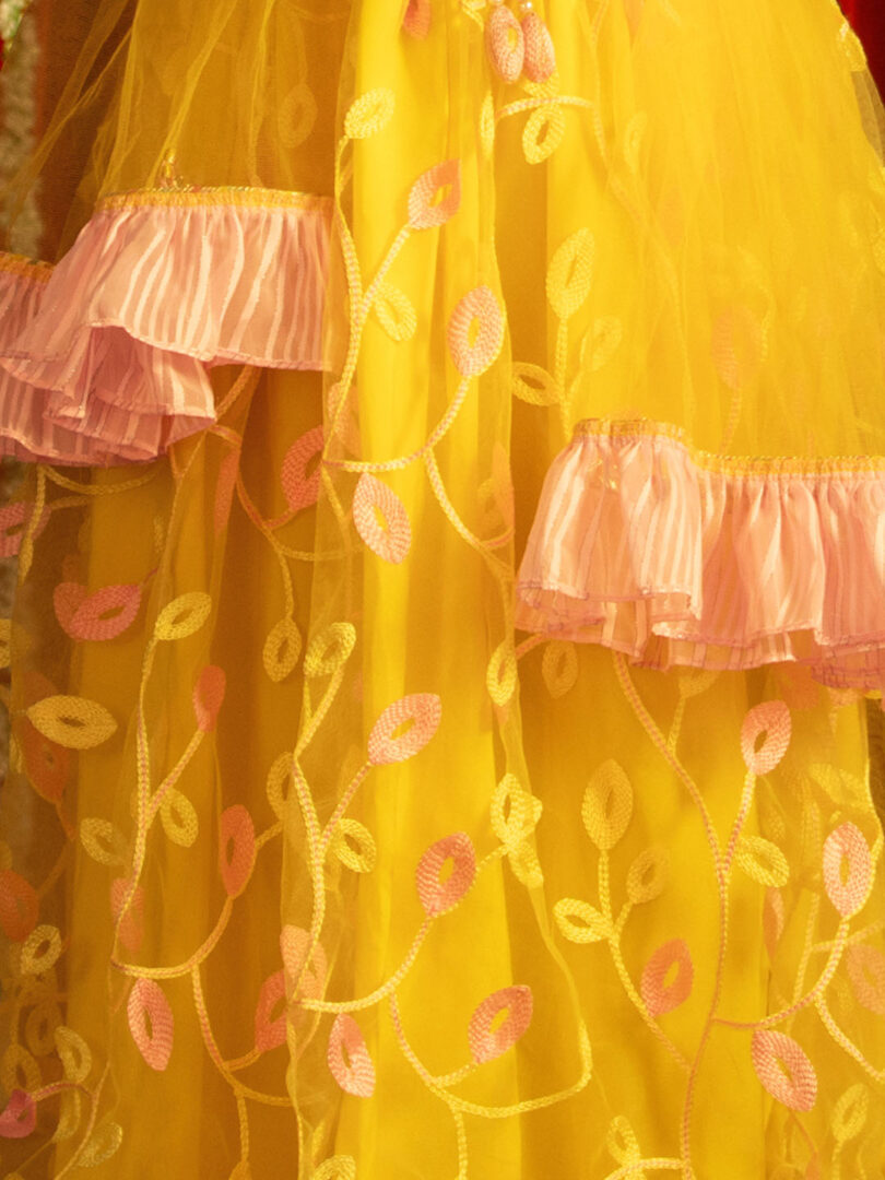 Girls' Pink And Yellow Lehenga Set
