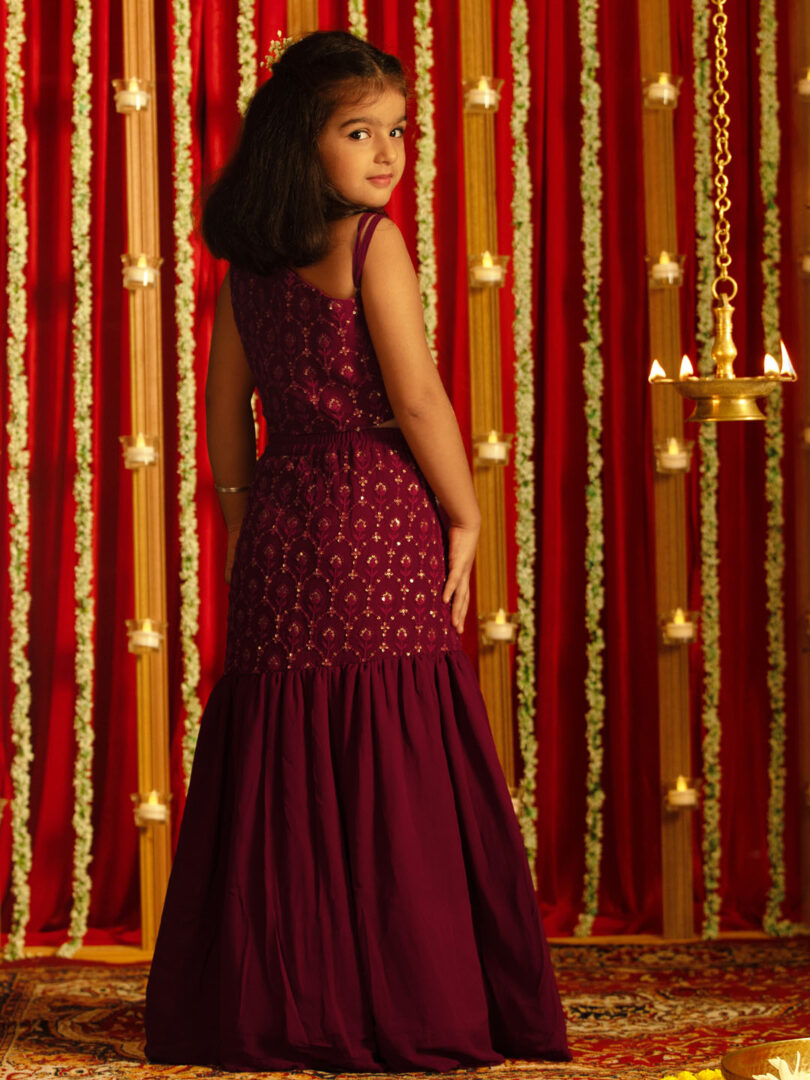 Girls' Wine Lehenga Set