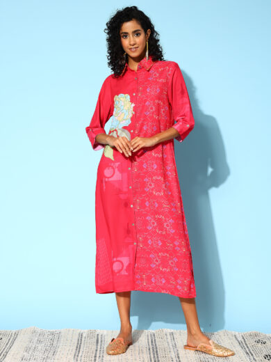 Indo Era Floral Print Shirt Midi Dress