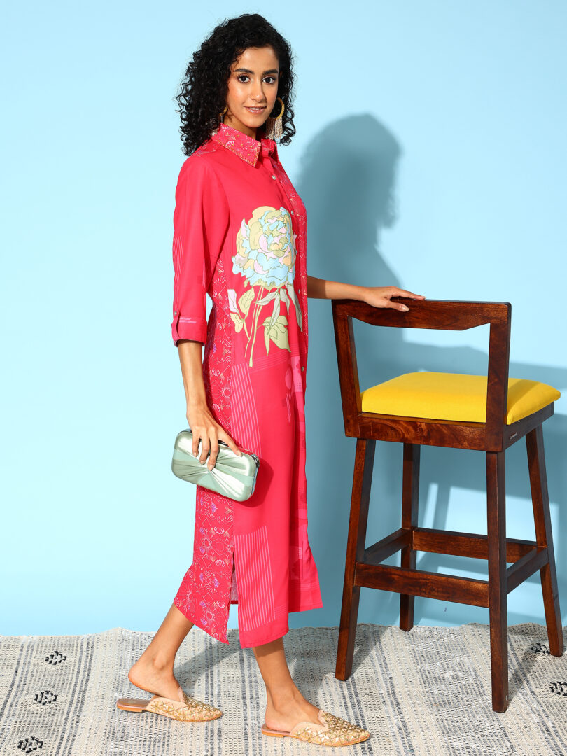 Indo Era Floral Print Shirt Midi Dress