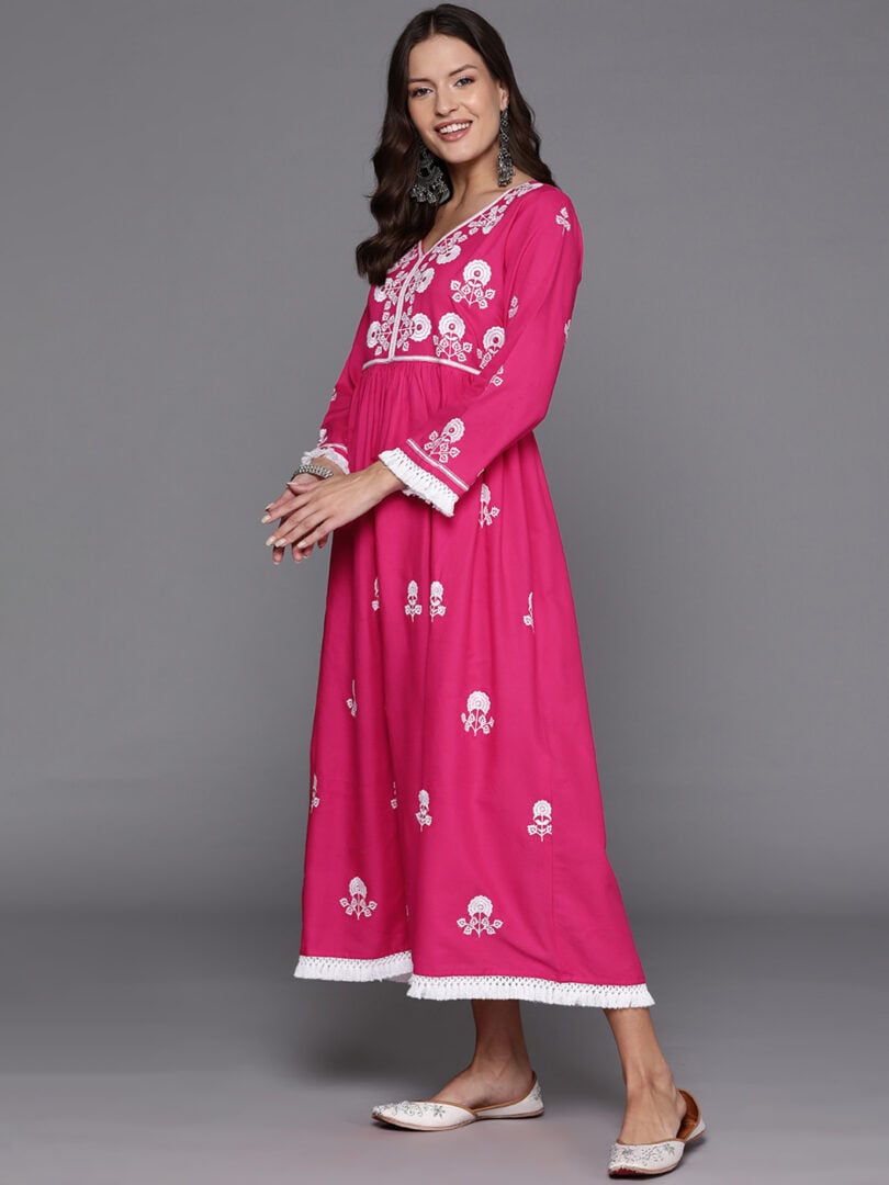 Indo Era Pink Embroidered A-Line Dresses