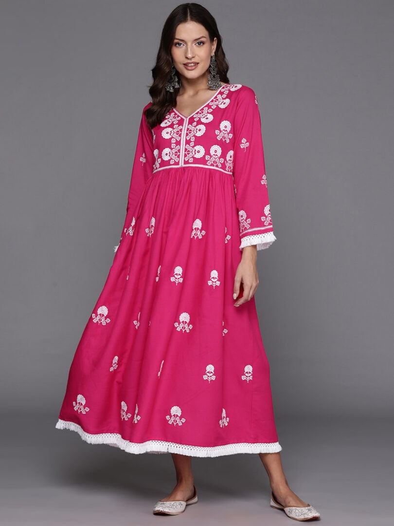 Indo Era Pink Embroidered A-Line Dresses