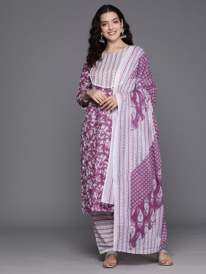 Indo Era Lavender Printed Straight Kurta Trousers With Dupatta Set