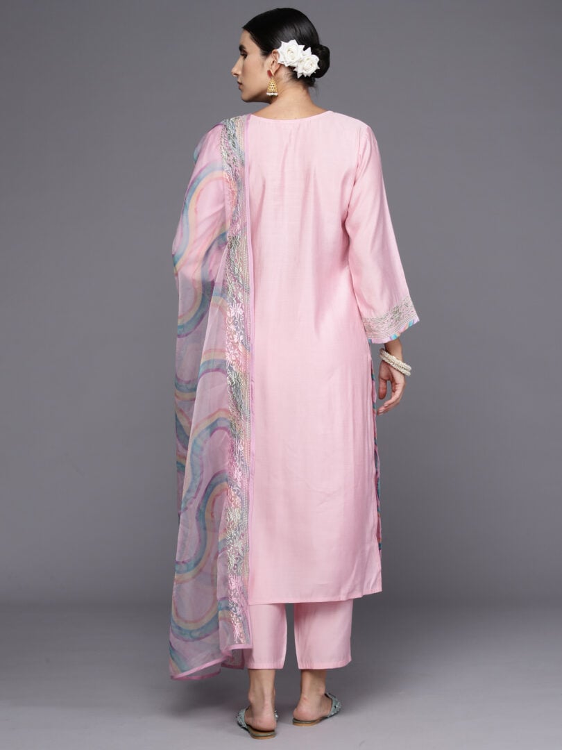 Indo Era Pink Embroidered Straight Kurta Trousers With Dupatta Set