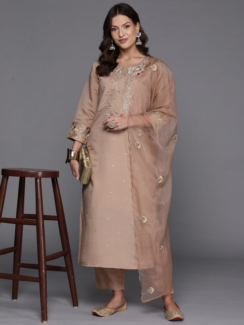 Indo Era Beige Embroidered Straight Kurta Trousers With Dupatta Set