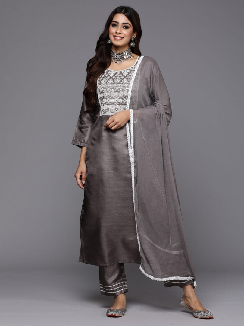 Indo Era Grey Embroidered Straight Kurta Trousers With Dupatta Set