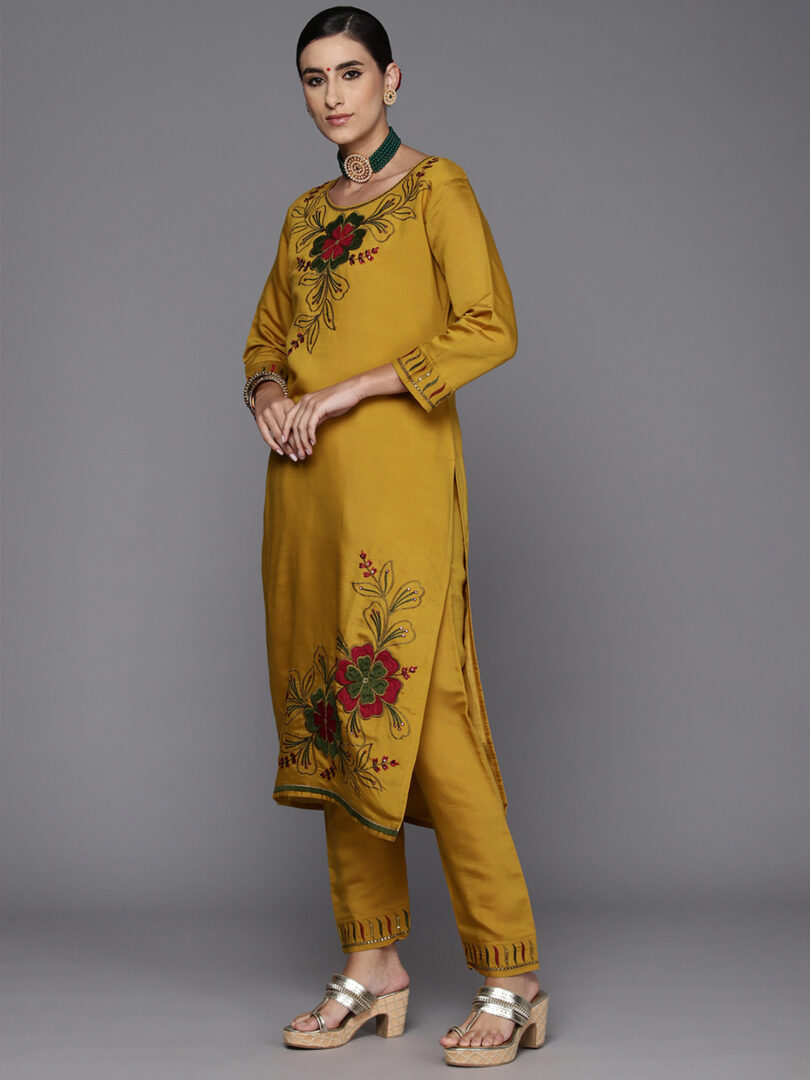 Indo Era Mustard Embroidered Straight Kurta Trousers With Dupatta Set