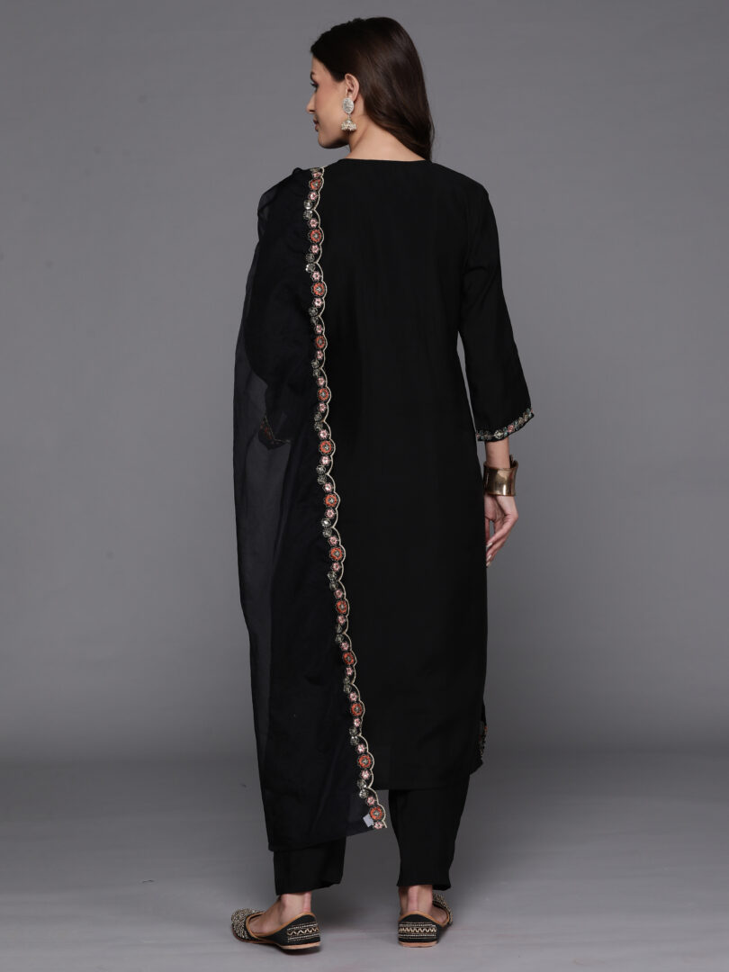 Indo Era Black Embroidered Straight Kurta Trousers With Dupatta Set