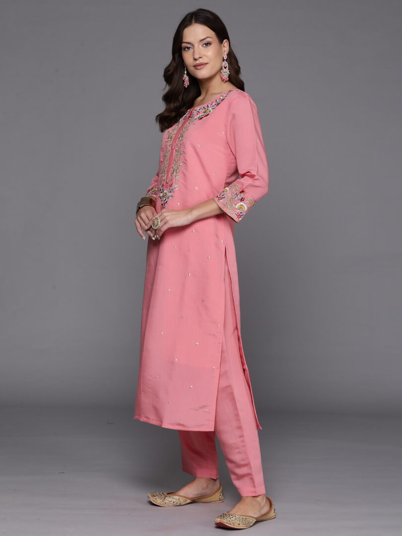 Indo Era Pink Embroidered Straight Kurta Trousers With Dupatta Set