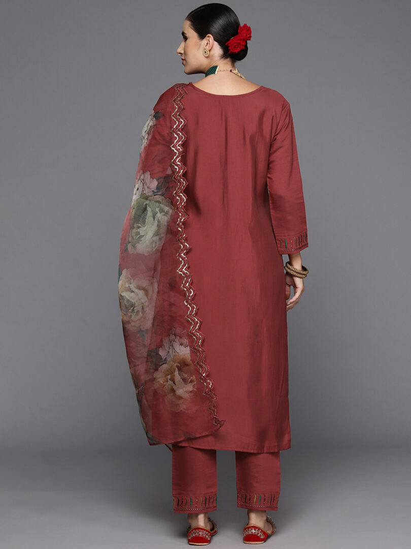 Indo Era Red Embroidered Straight Kurta Trousers With Dupatta Set
