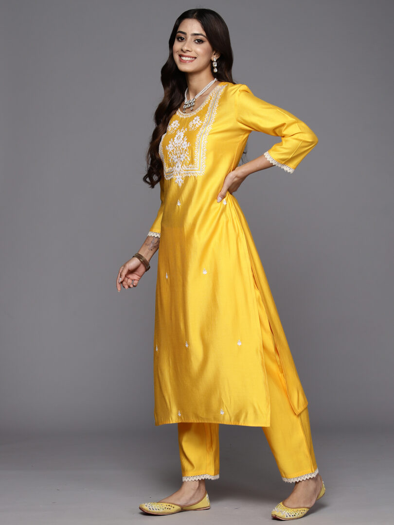 Indo Era Yellow Embroidered Straight Kurta Trousers With Dupatta Set