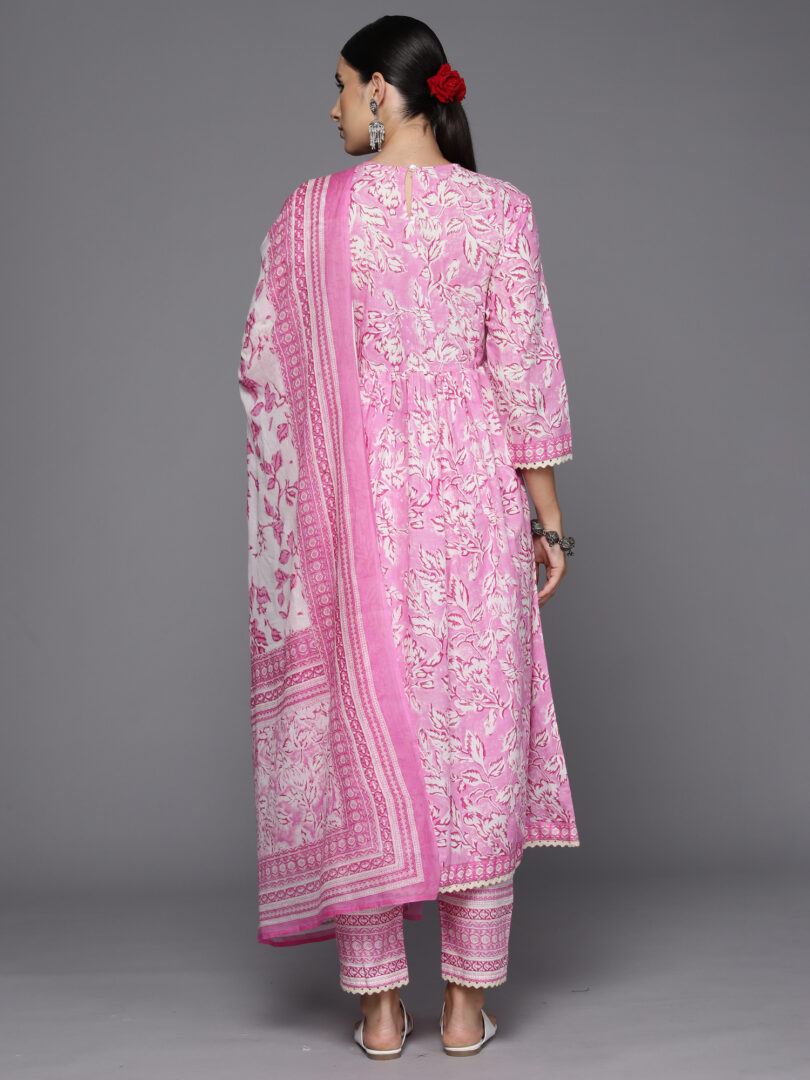 Indo Era Pink Embroidered A-Line Kurta Trousers With Dupatta Set