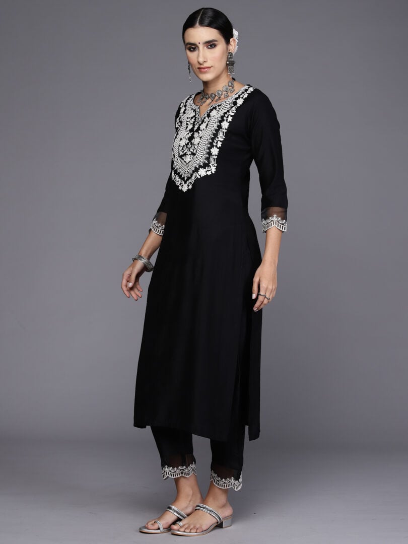 Indo Era Black Embroidered Straight Kurta Trousers With Dupatta Set