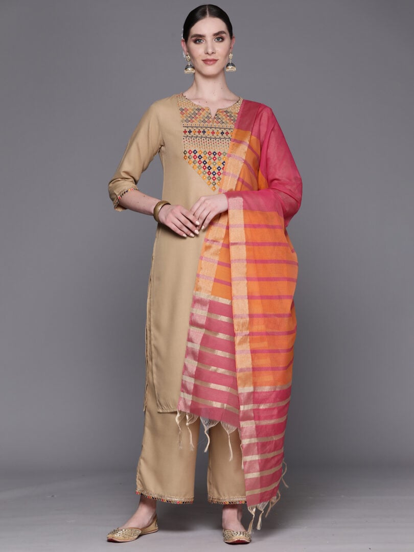 Indo Era Beige Embroidered Straight Kurta Trousers With Dupatta Set