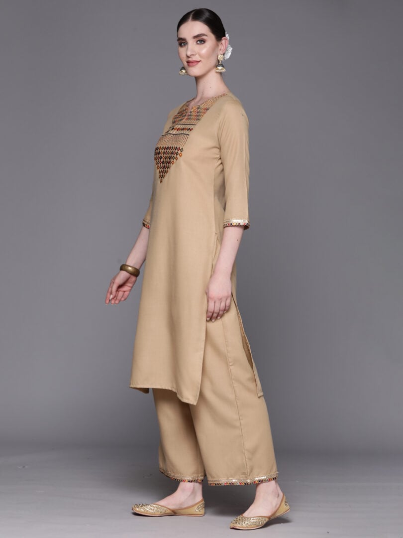 Indo Era Beige Embroidered Straight Kurta Trousers With Dupatta Set