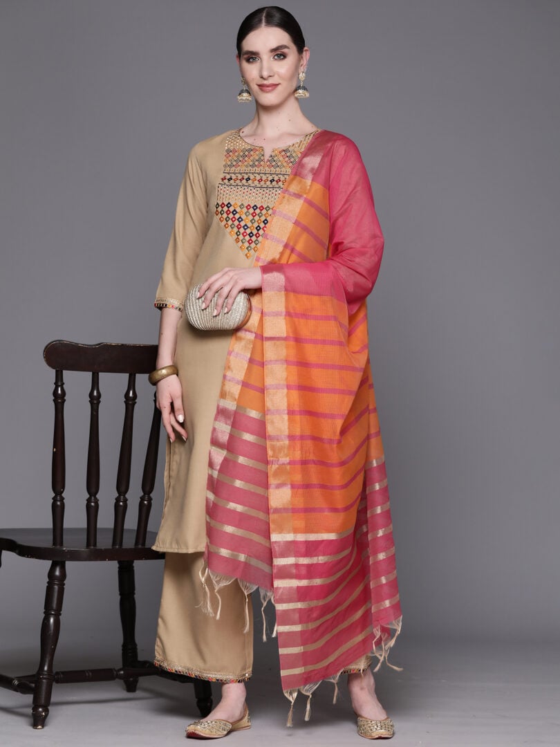 Indo Era Beige Embroidered Straight Kurta Trousers With Dupatta Set