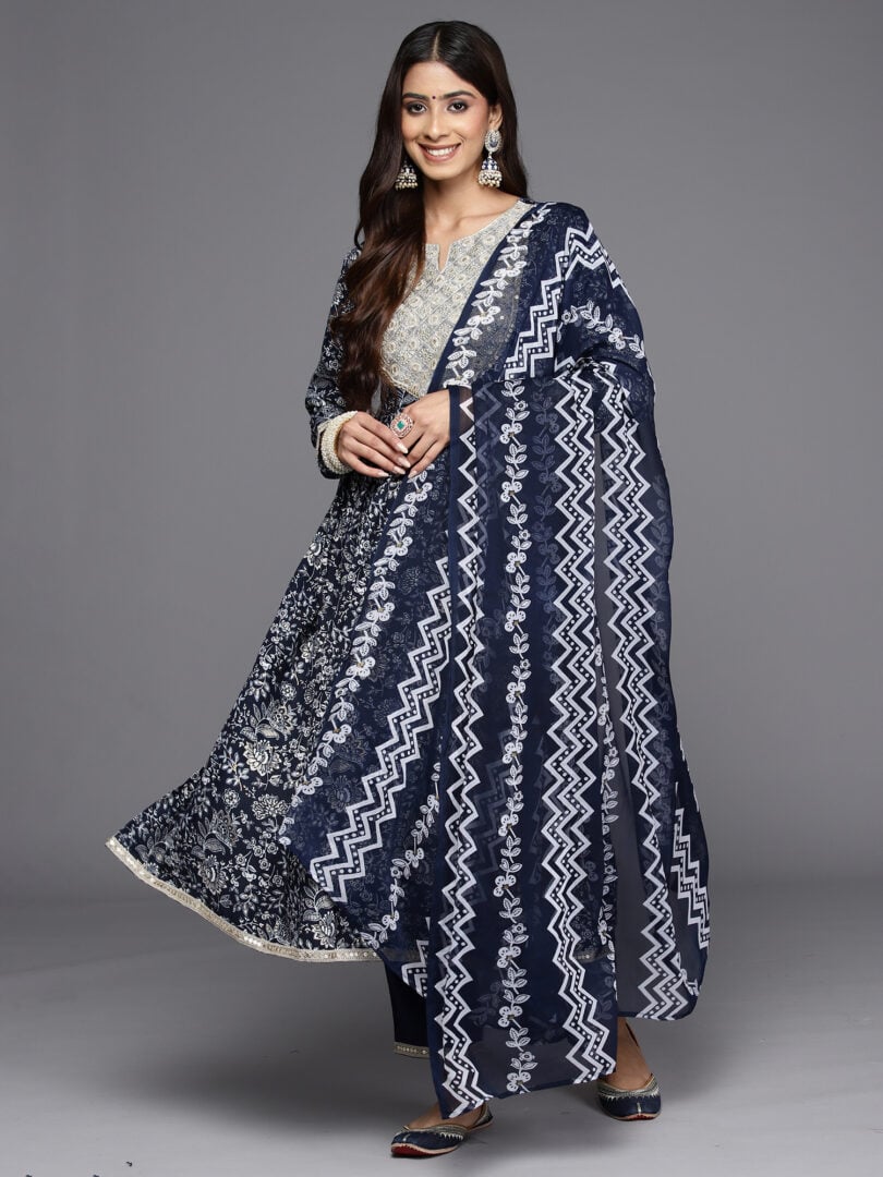 Indo Era Blue Embroidered A-Line Kurta Trousers With Dupatta Set