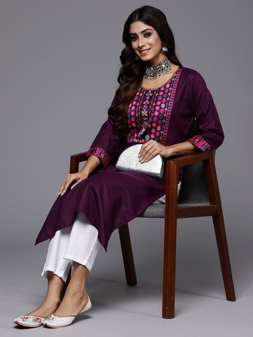 Indo Era Purple Yoke Design Straight Casual Kurtas