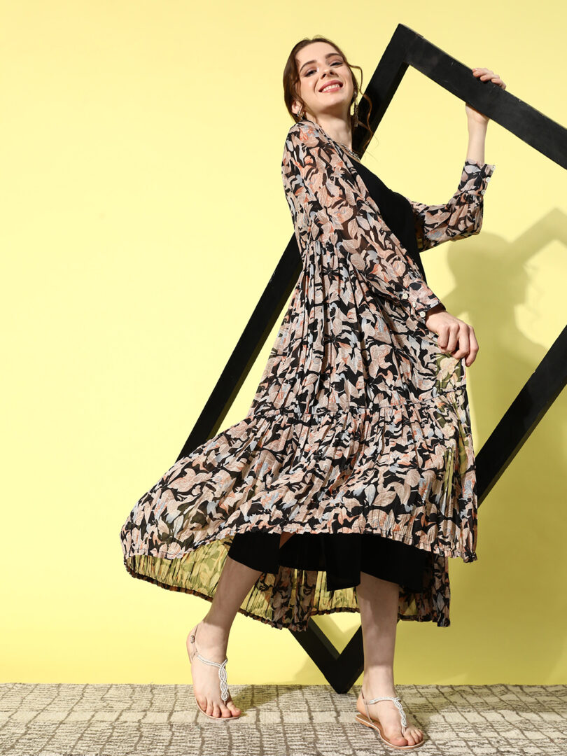 Women Black Floral Printed Tiered Dress With Slip.