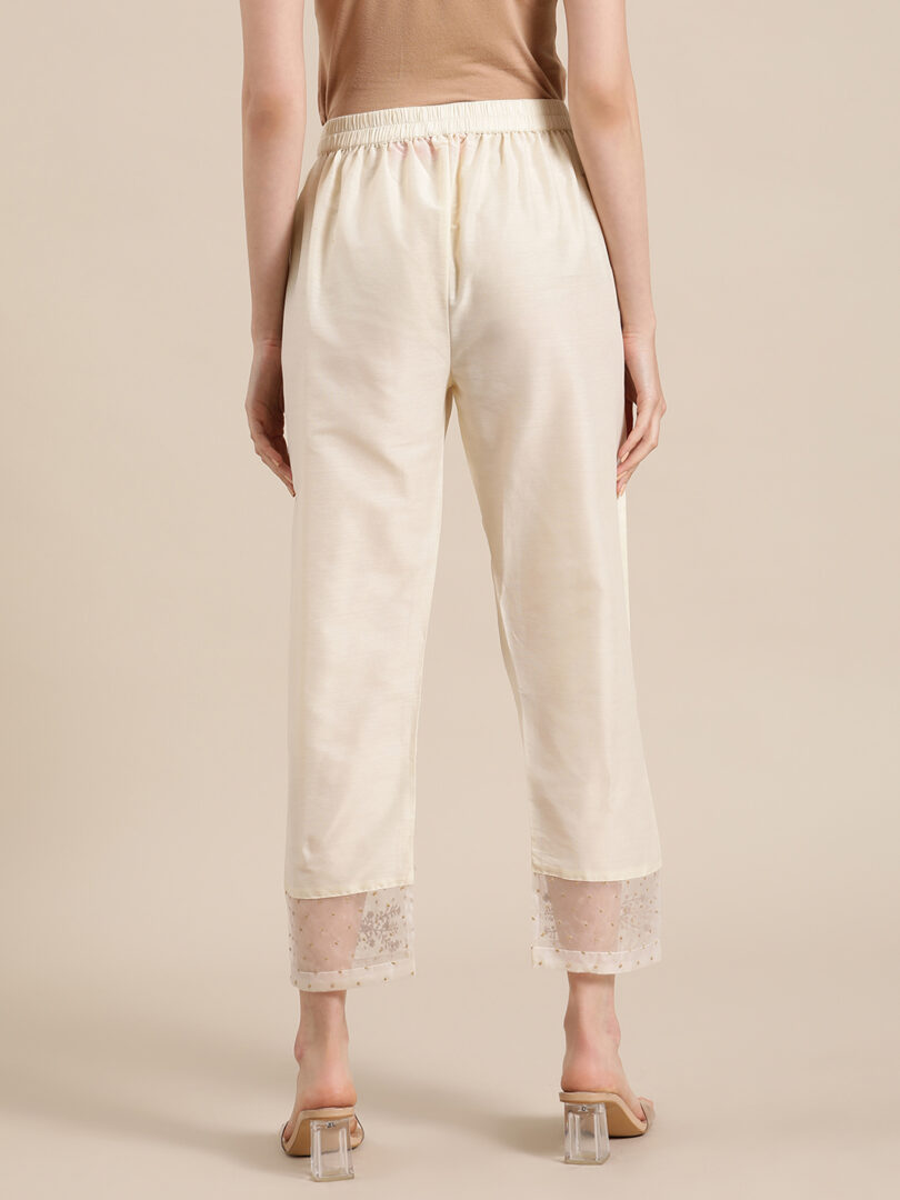 Women Off White Silk & Organza Zari Embellished Trousers
