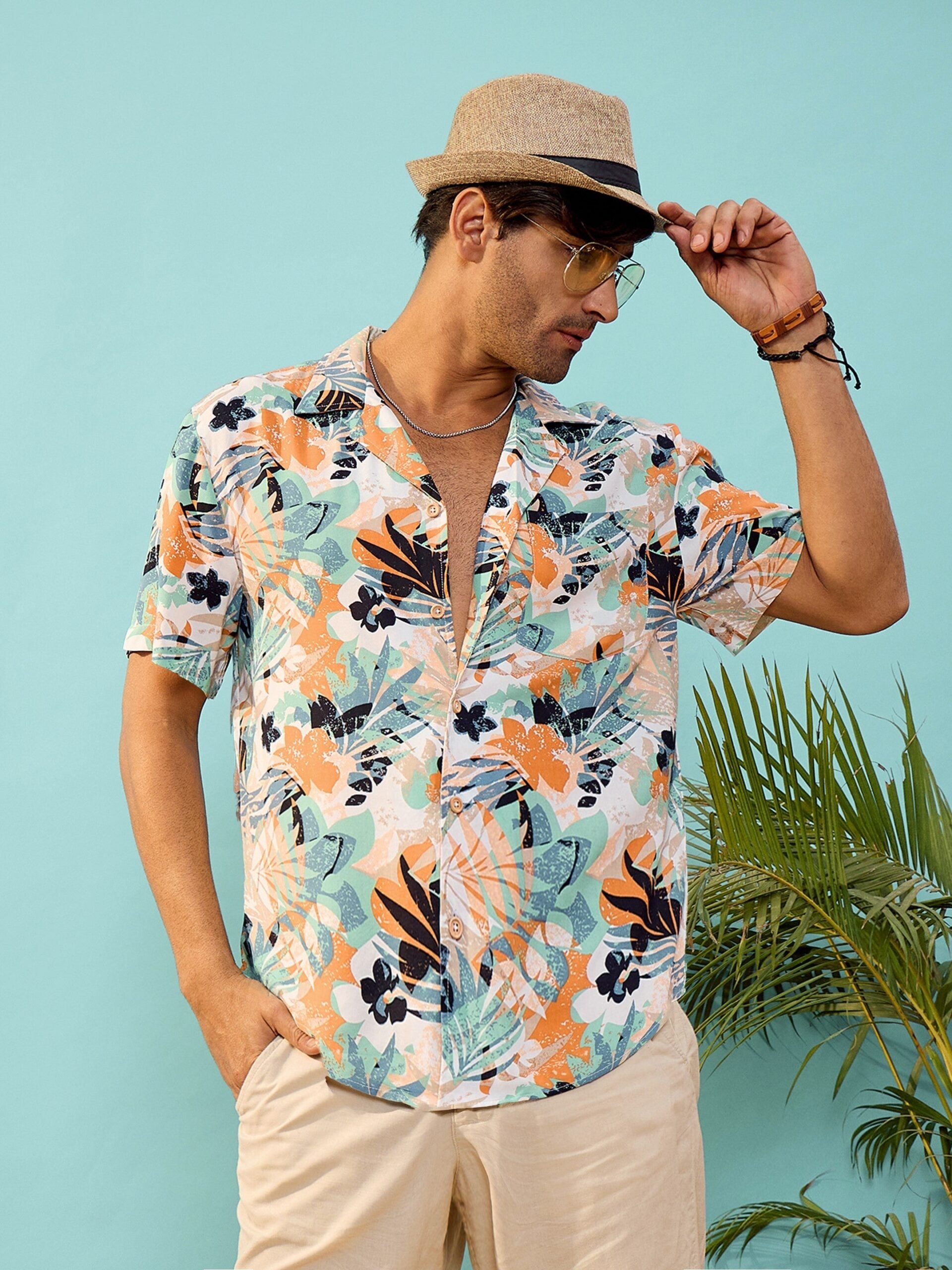 Unisex White Tropical Print Relax Fit Shirt