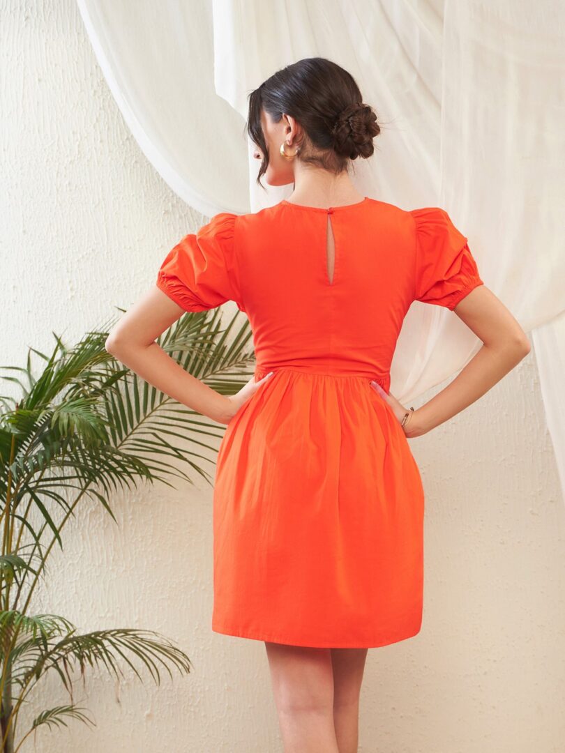 Women Orange Poplin Smocked Gathered Dress