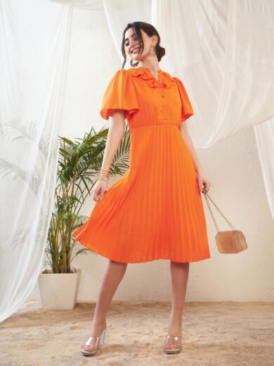 Women Orange Frill Neck Accordion Pleated Midi Dress