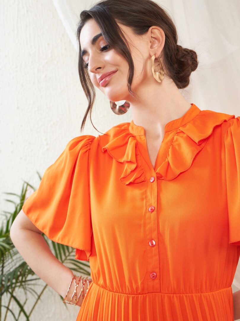 Women Orange Frill Neck Accordion Pleated Midi Dress