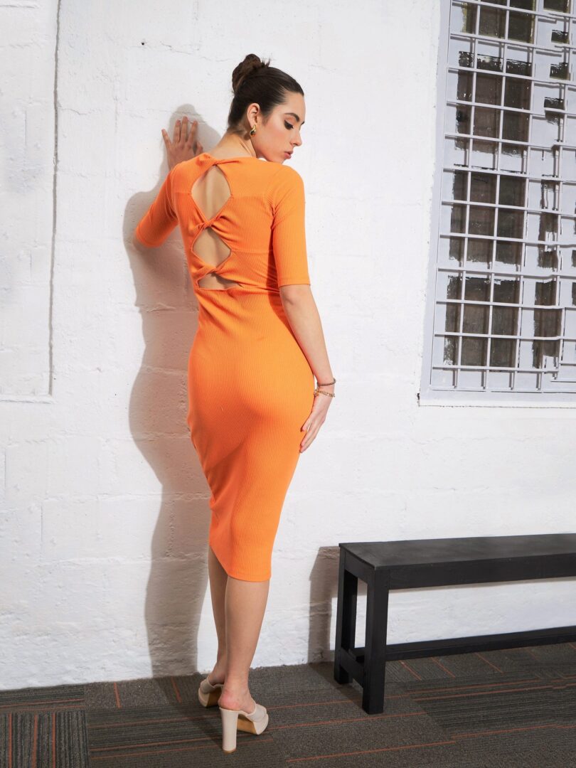Women Orange Rib Twisted Back Cut Out Bodycon Dress