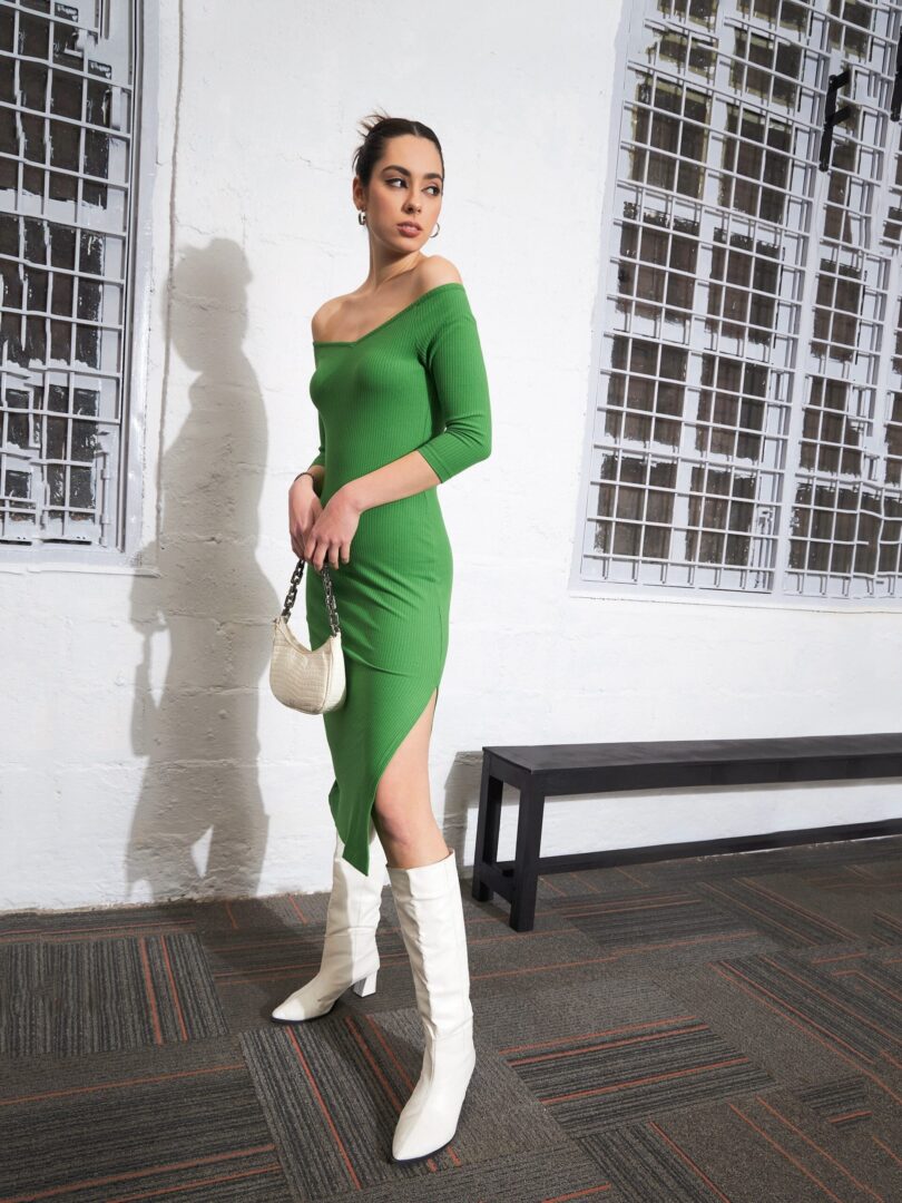 Women Green Rib Off-Shoulder Bodycon Dress