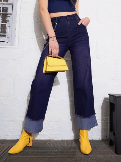 Women Navy Color Block Chain Detail Streetstyle Jeans