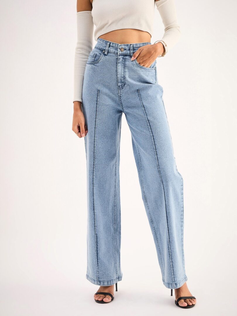 Women Blue High Waist Front Dart Straight Jeans