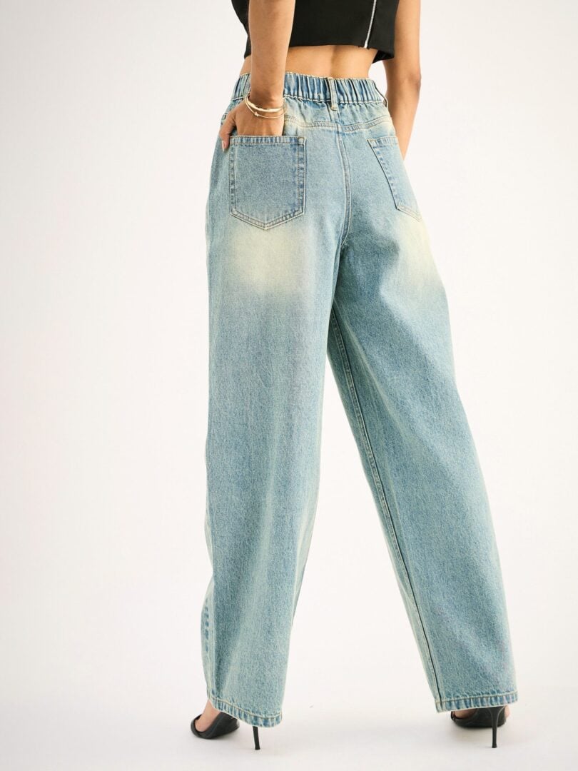 Women Blue Whisker Faded Wide Leg Jeans